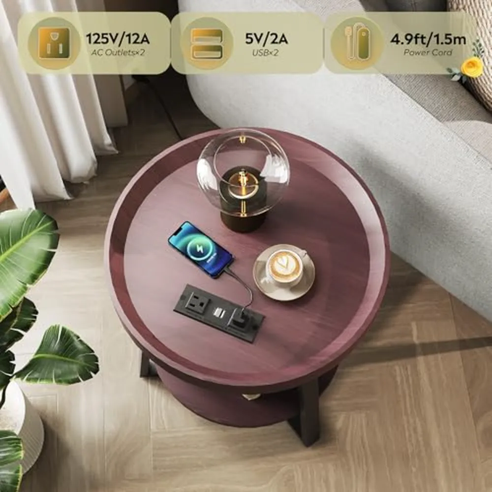 Small Round Side Table with Charging Station, view 4