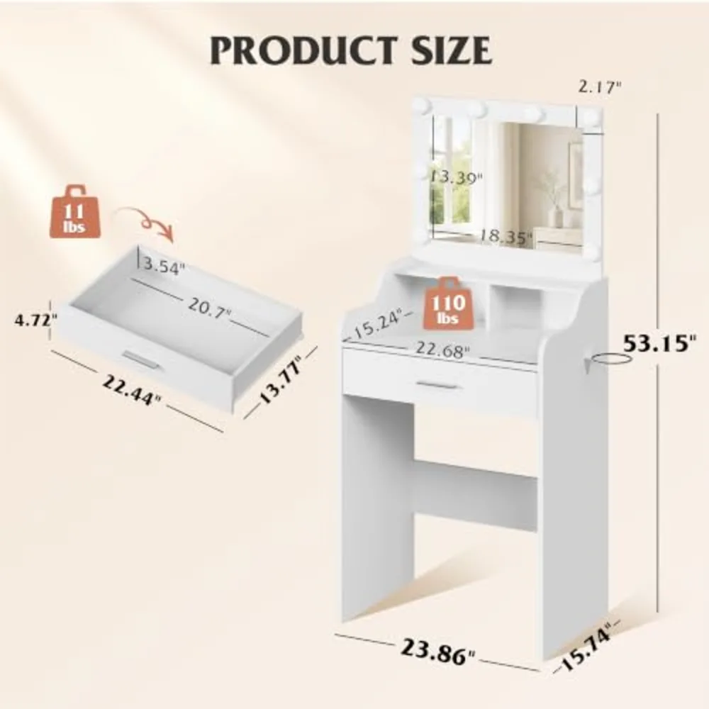 Small White Vanity Desk with Adjustable Mirror and Lights 3, view 3