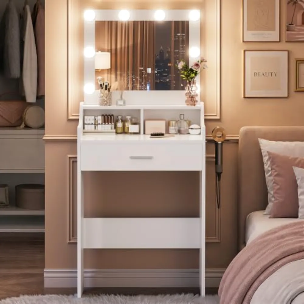 Small White Vanity Desk with Adjustable Mirror and Lights 3