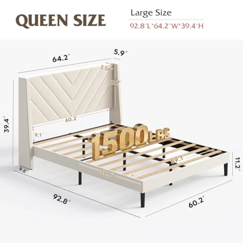Upholstered Bed Frame Queen Bed Frame with Tufted Headboard, view 2