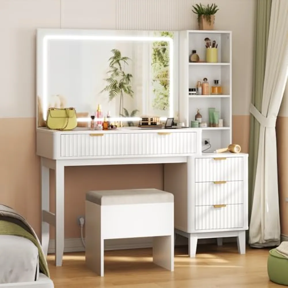 White Fluted Vanity Desk with Chair