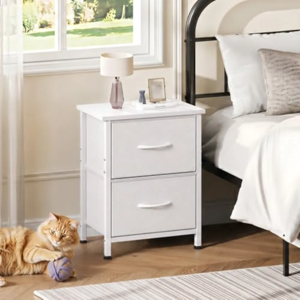 White Night Stand Small Dresser with 2 Drawers & Wooden Top, view 2