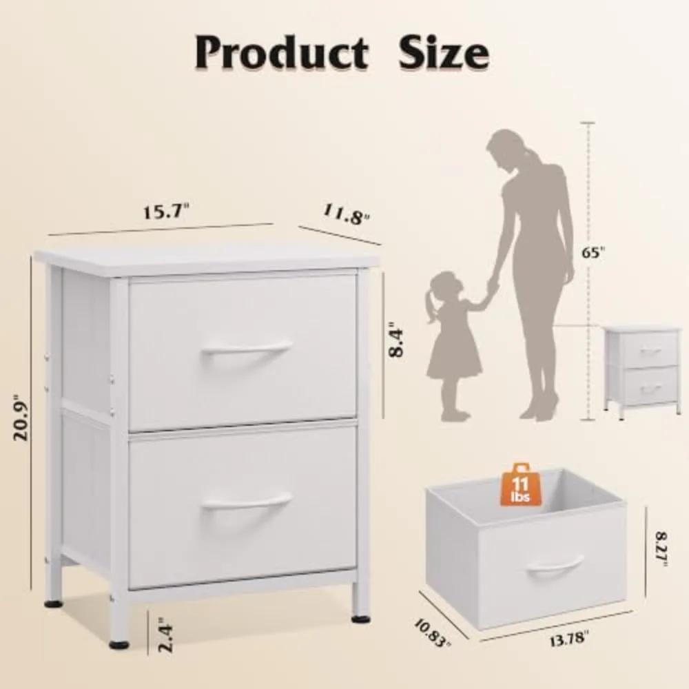 White Night Stand Small Dresser with 2 Drawers & Wooden Top, view 3