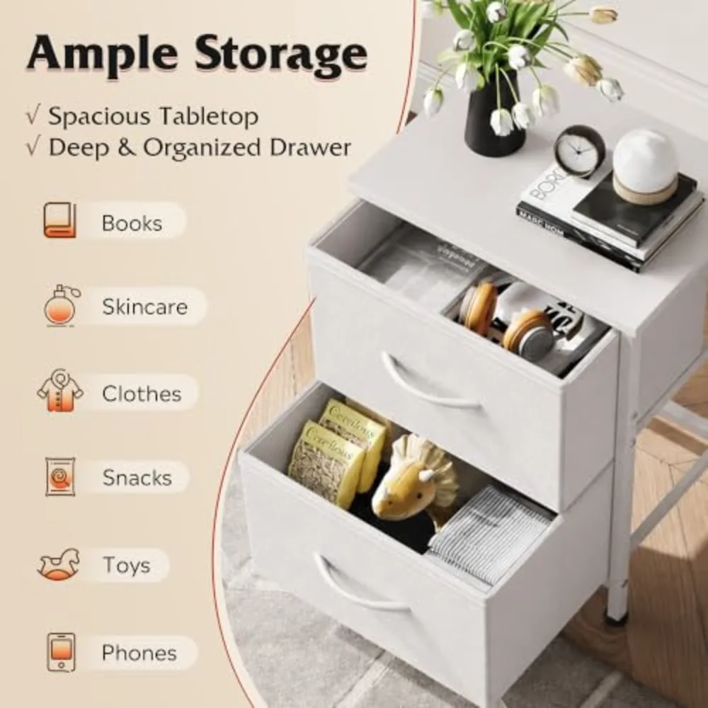 White Night Stand Small Dresser with 2 Drawers & Wooden Top, view 4