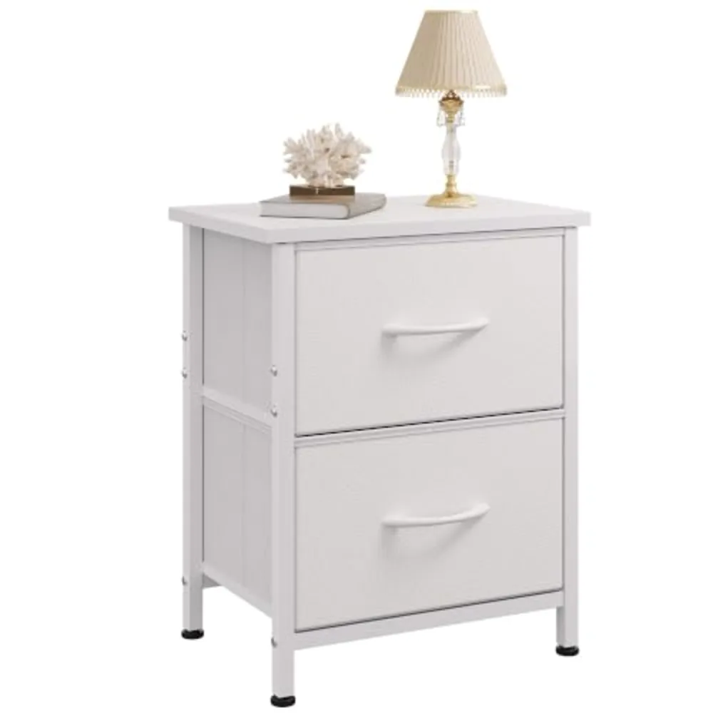 White Night Stand Small Dresser with 2 Drawers & Wooden Top