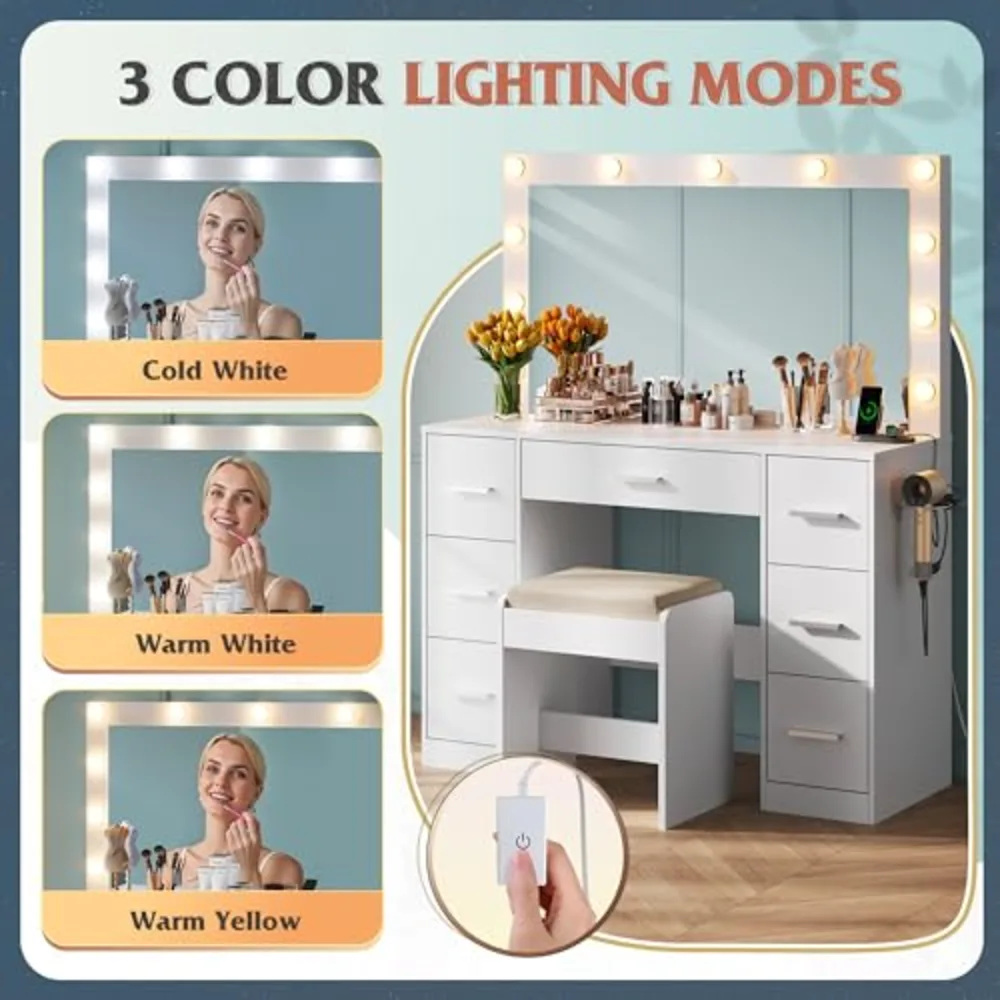 White Vanity Desk with Chair, view 2