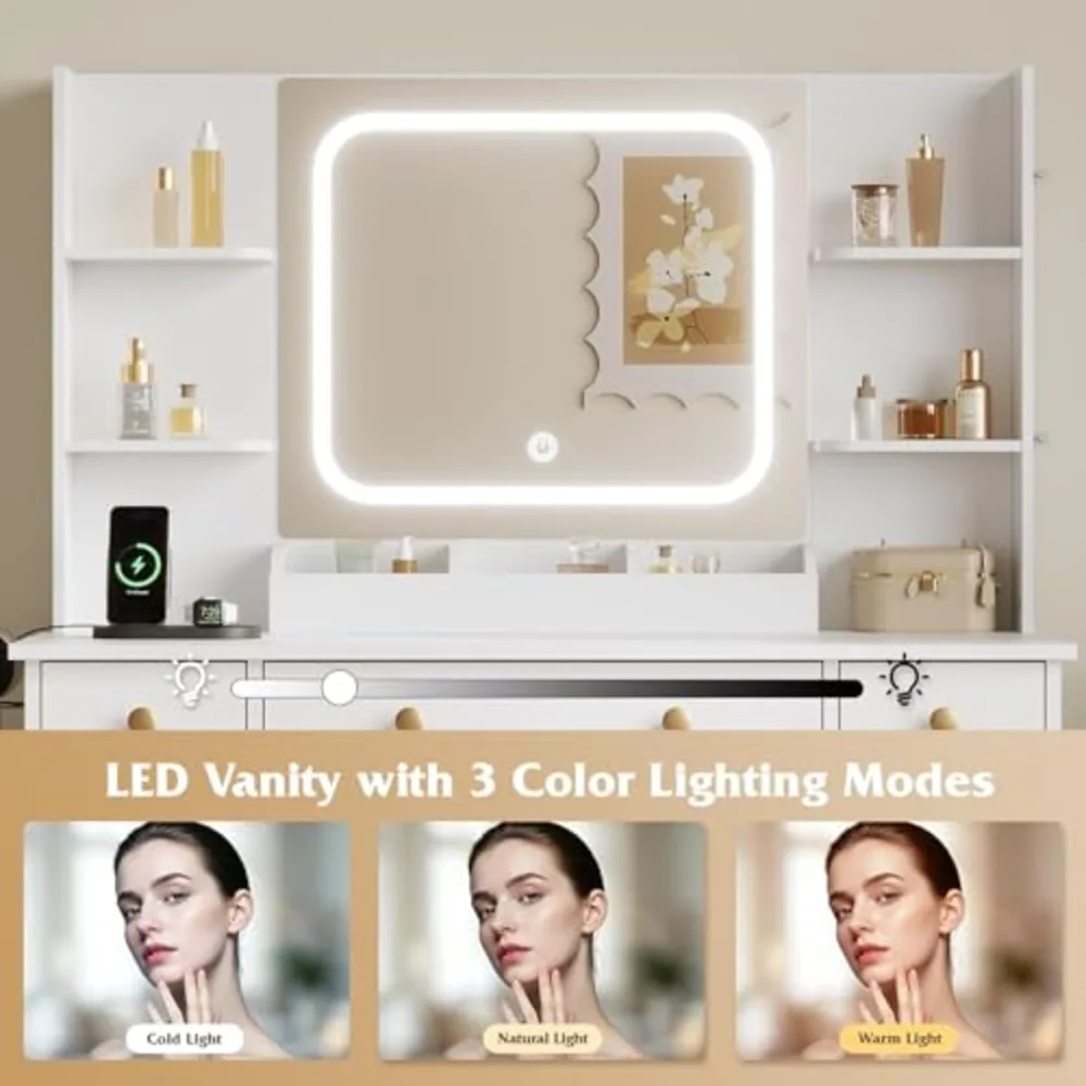 White Vanity Desk with LED Mirror & Stool, view 3