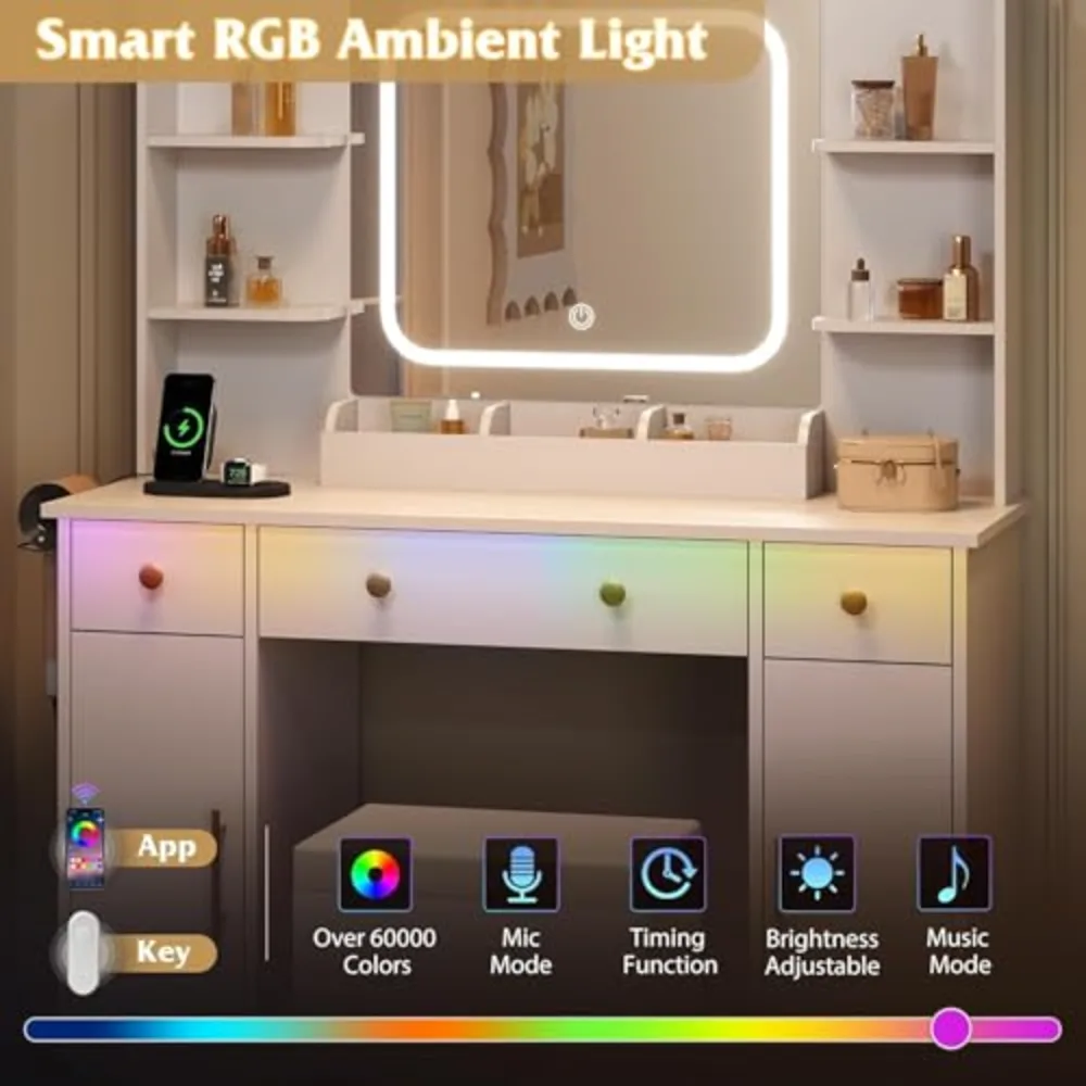 White Vanity Desk with LED Mirror & Stool, view 5