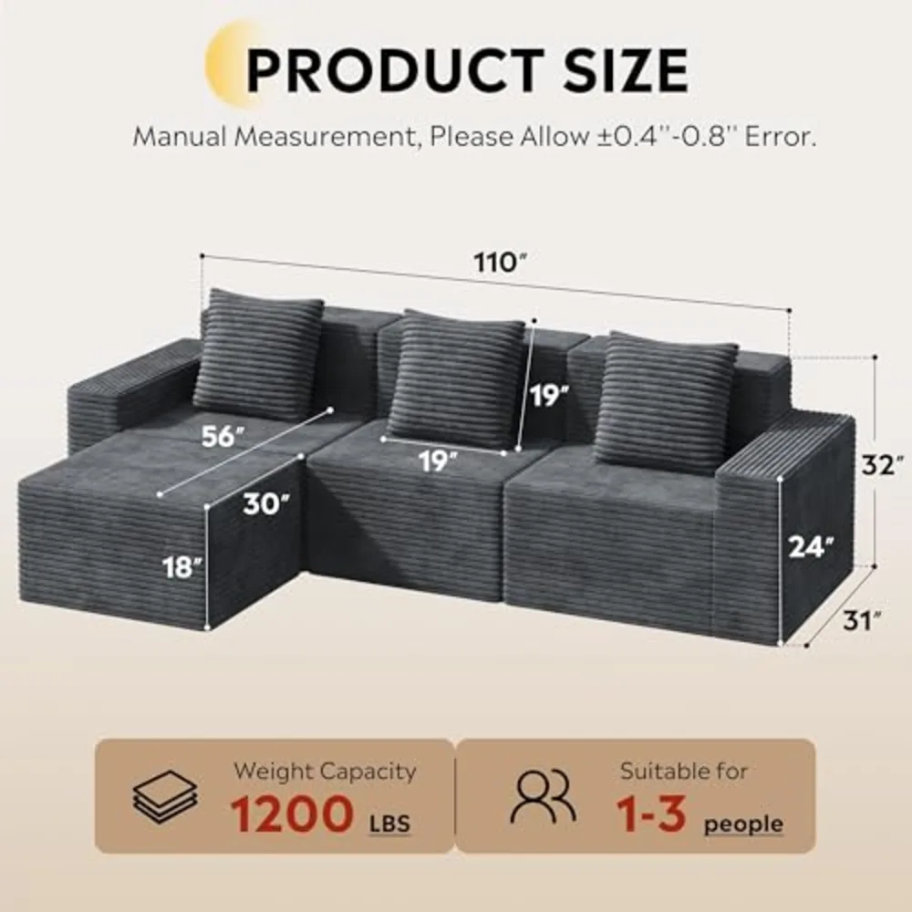 WLIVE 110'' Cloud Sectional Couches for Living Room, view 2