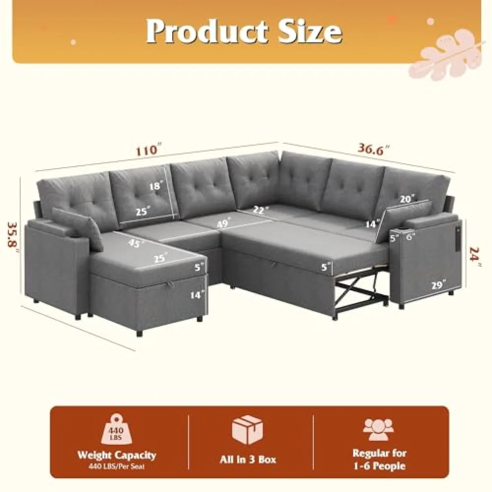 WLIVE 110'' Sectional Couches for Living Room, view 3