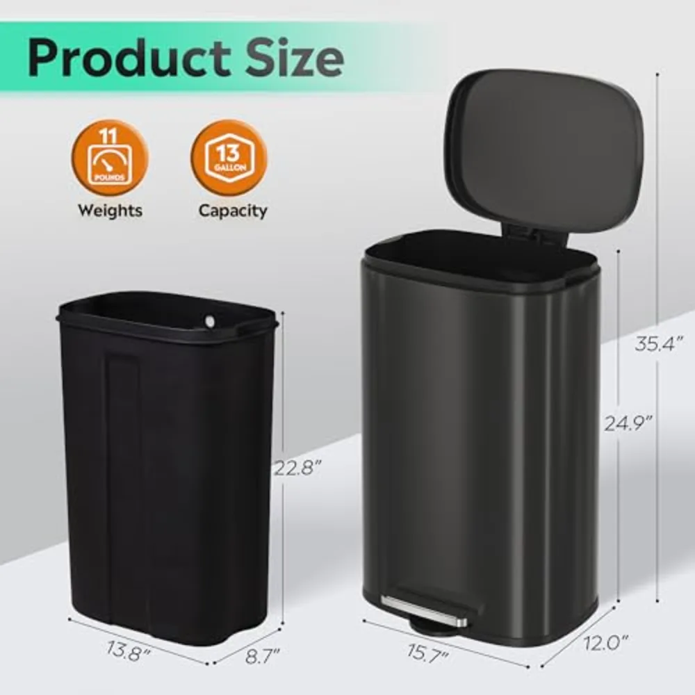 WLIVE 13 Gallon Stainless Steel Trash Can with Inner Bucket, view 3