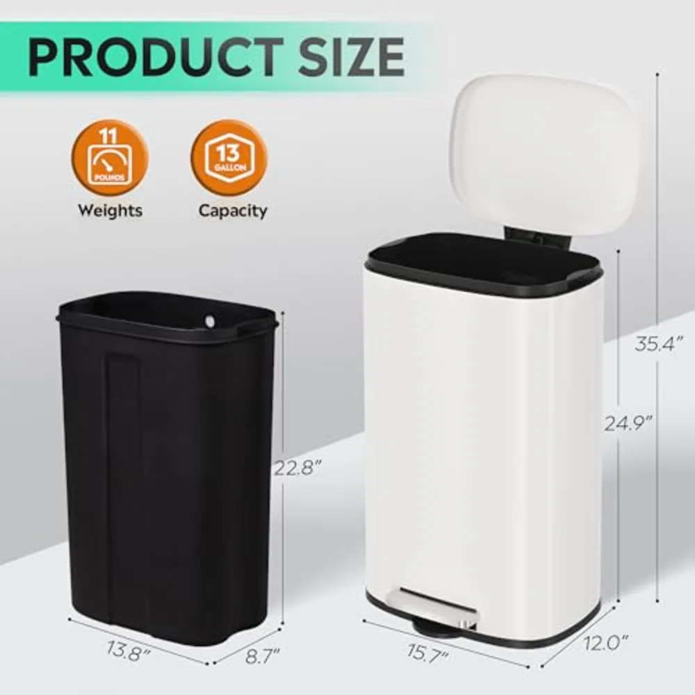WLIVE 13 Gallon Stainless Steel Trash Can with Inner Bucket, view 3