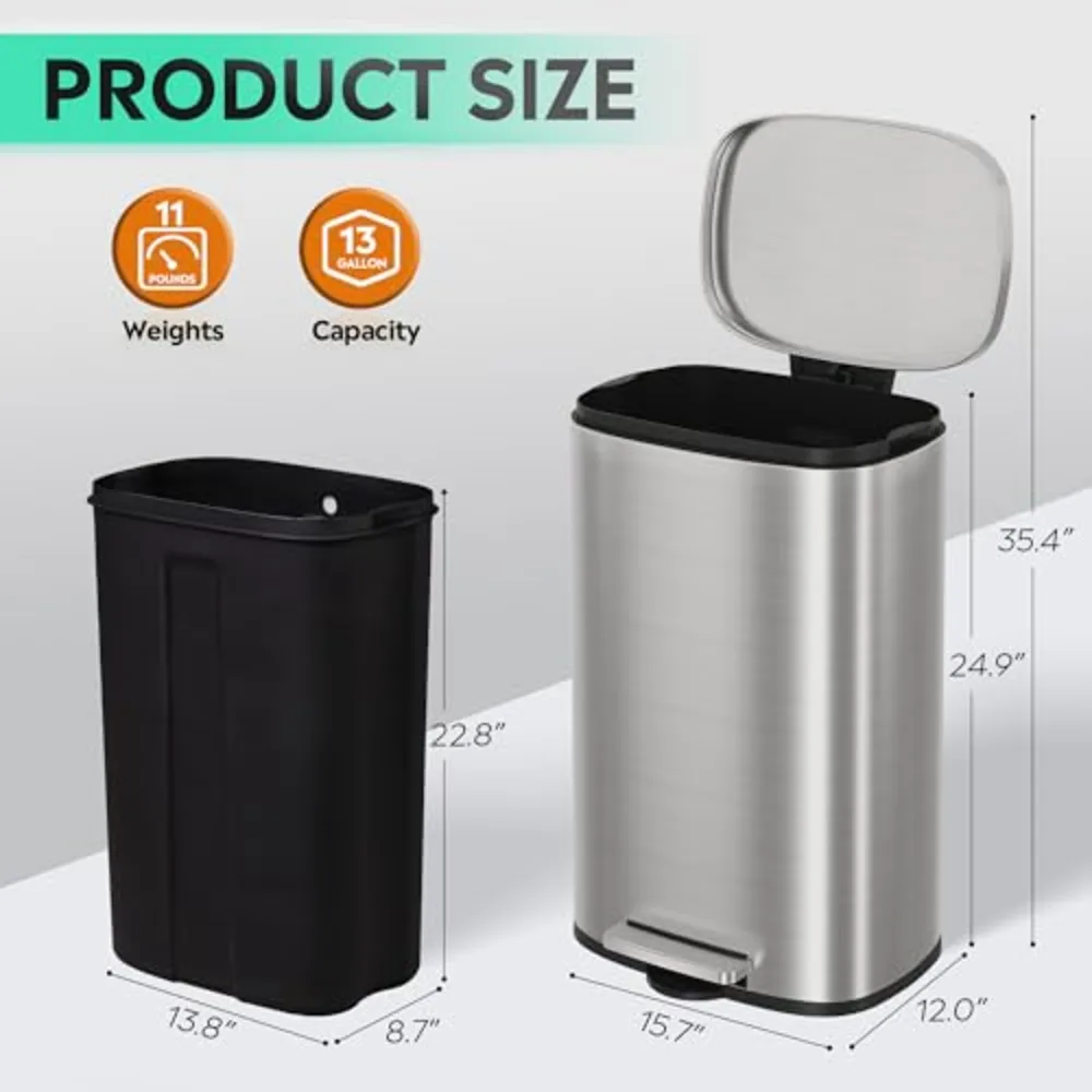 WLIVE 13 Gallon Stainless Steel Trash Can with Inner Bucket