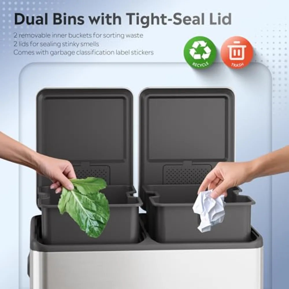 WLIVE 2 x 8 Gallon Dual Compartment Trash Can Stainless Steel, view 3