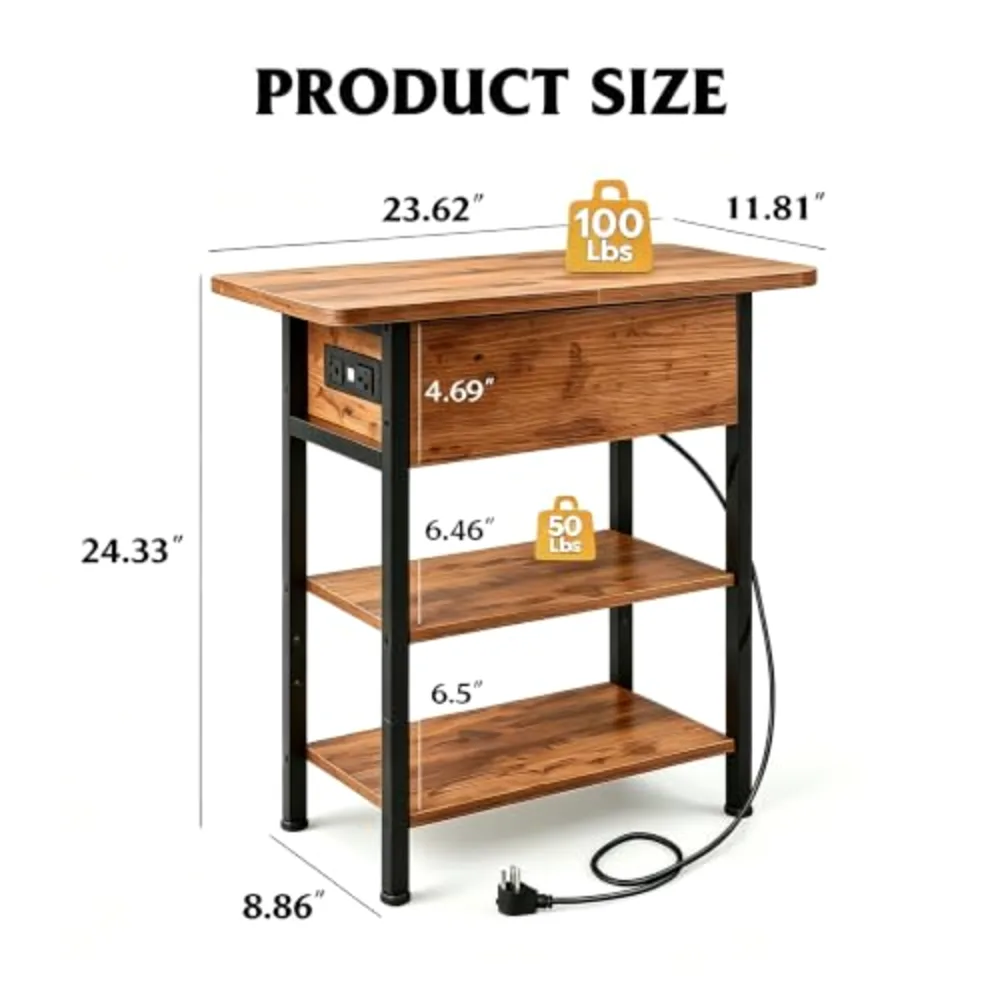 WLIVE 3-Tier End Table with Charging Station Flip Top Narrow, view 3