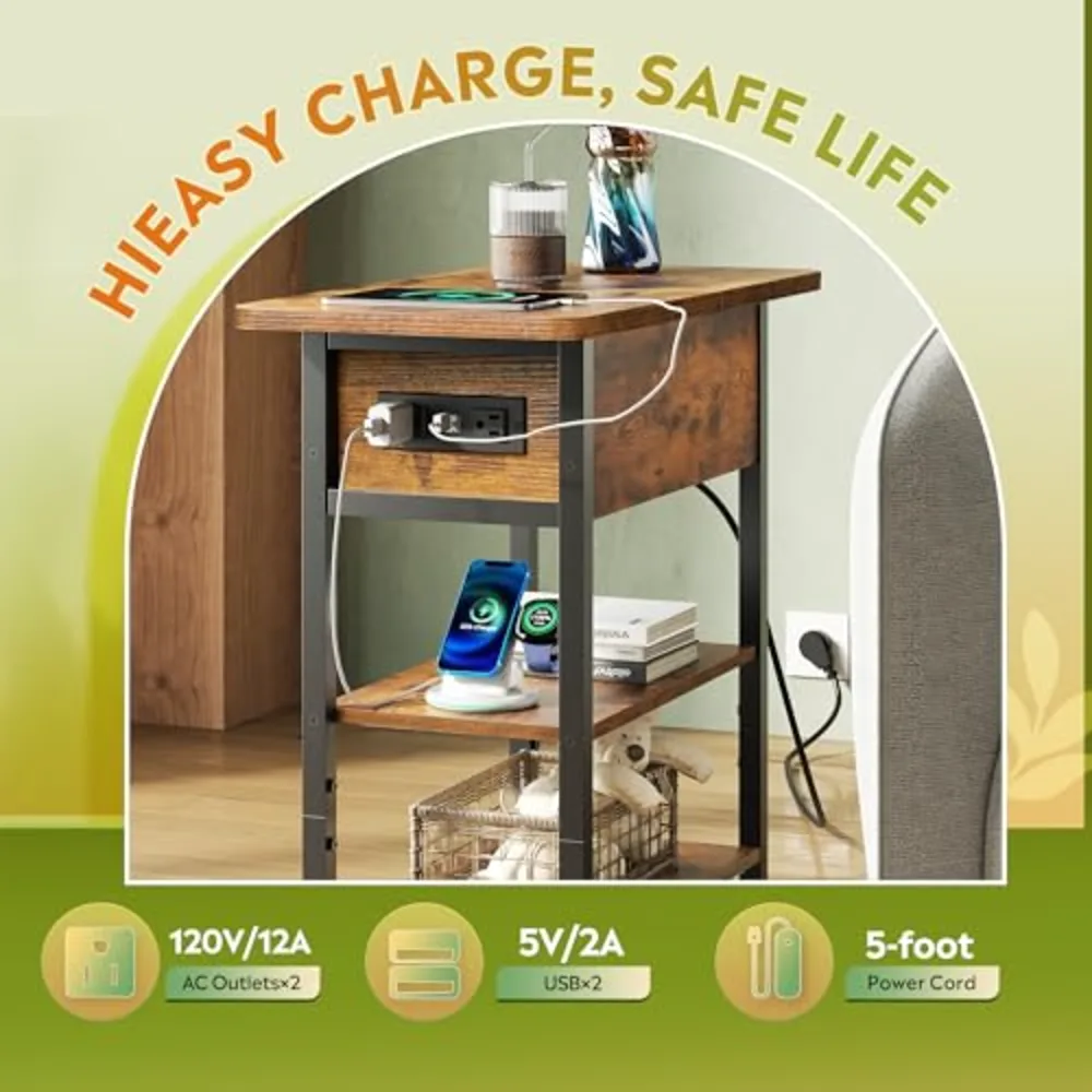 WLIVE 3-Tier End Table with Charging Station Flip Top Narrow, view 5