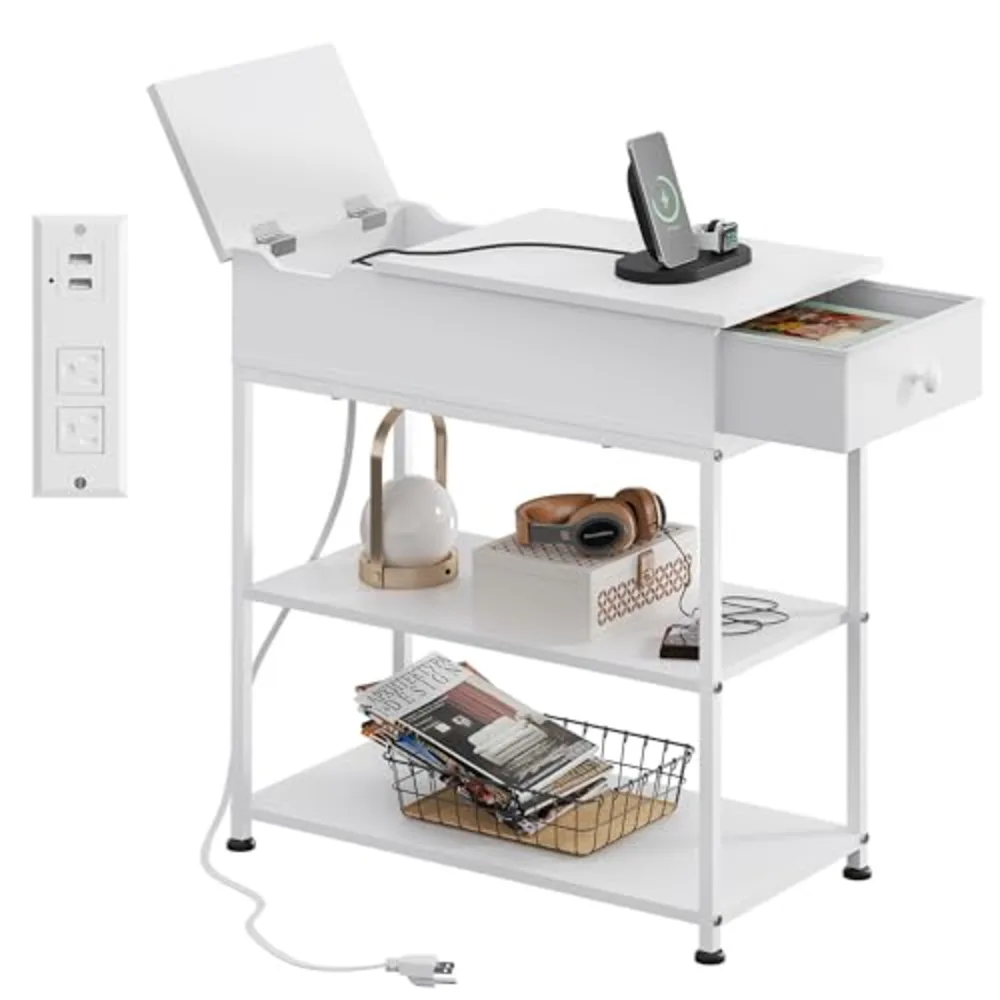 WLIVE 3-Tier Narrow Side Table with Charging Station