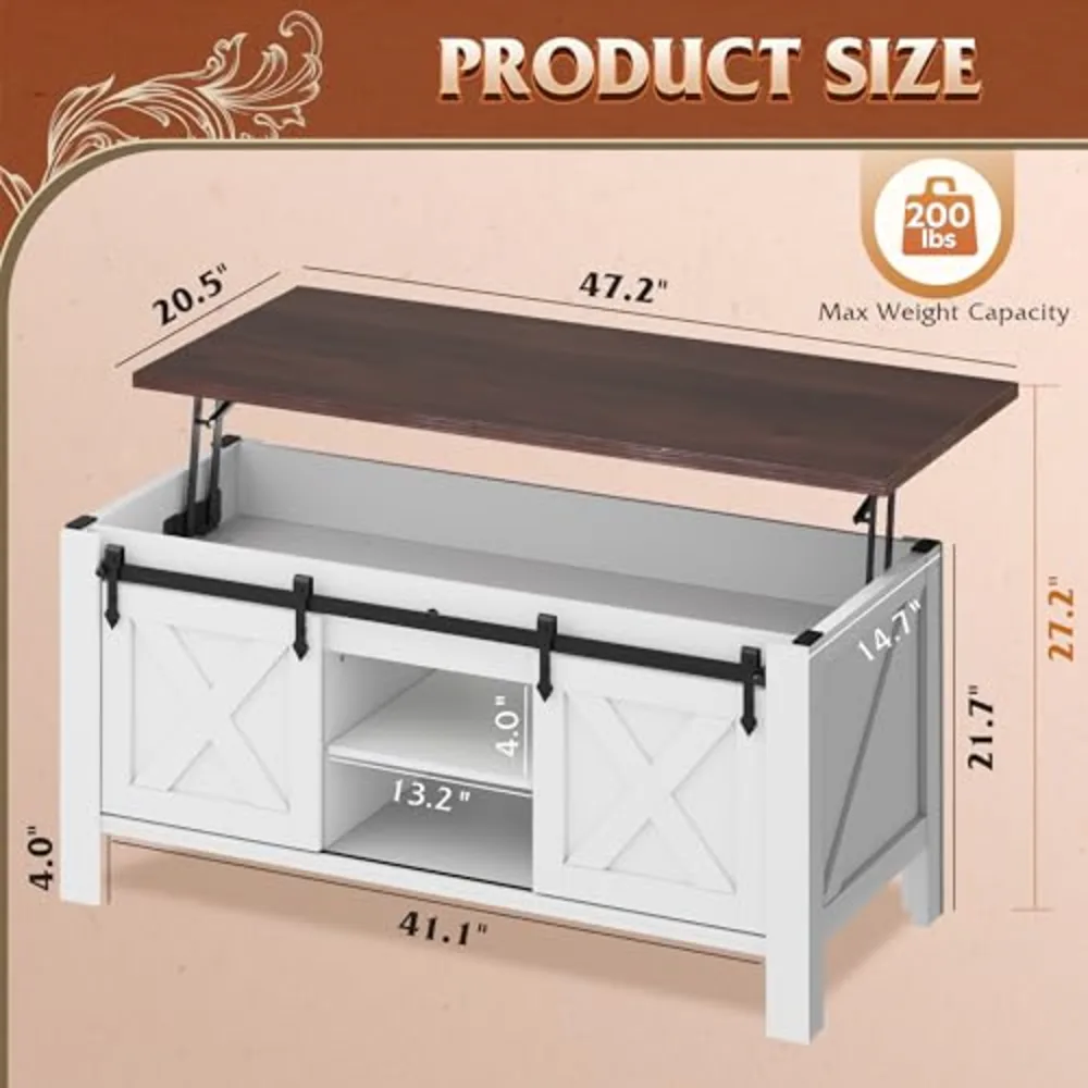 WLIVE 47.2" Farmhouse Lift Top Coffee Table with Sliding Barn Doors, view 3