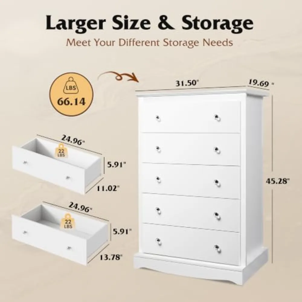 WLIVE 5 Drawer Dresser 45" Tall Dresser for Bedroom with Exclusive, view 3