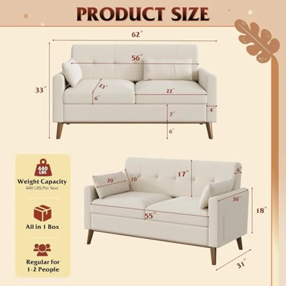 WLIVE 62" Loveseat Sofa Mid Century Modern Small Couches for Living, view 2