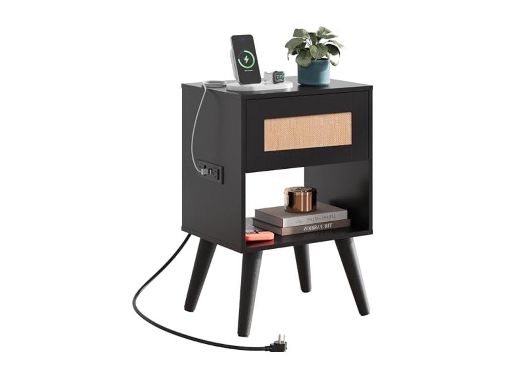 Black Rattan Night Stand with Charger Station