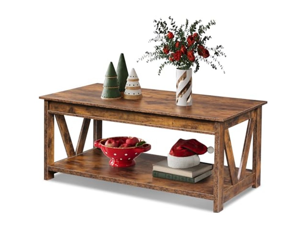 Coffee Table 43" Farmhouse Coffee Table with Storage Shelf &