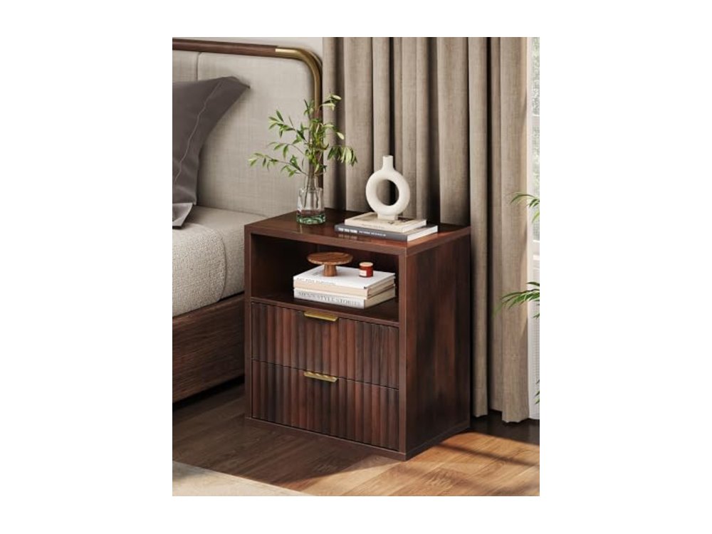 Fluted Night Stand Wood Nightstands with 2 Storage Drawers