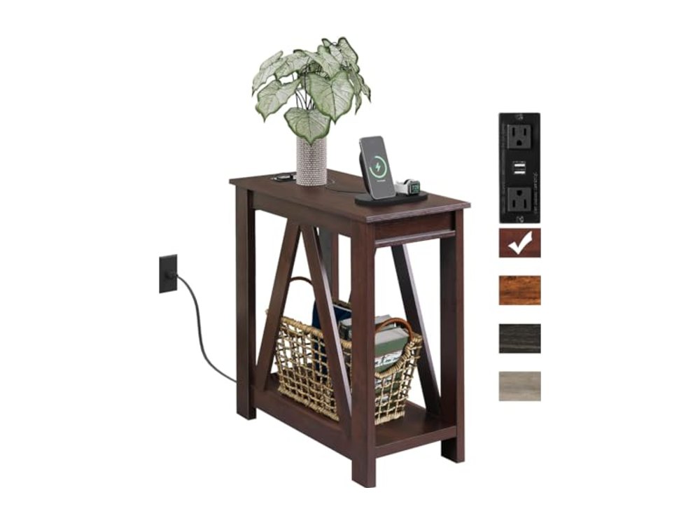 Narrow End Table with Charging Station of Open Storage