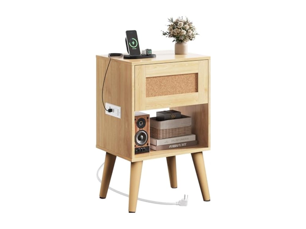 Rattan Nightstand with Charging Station