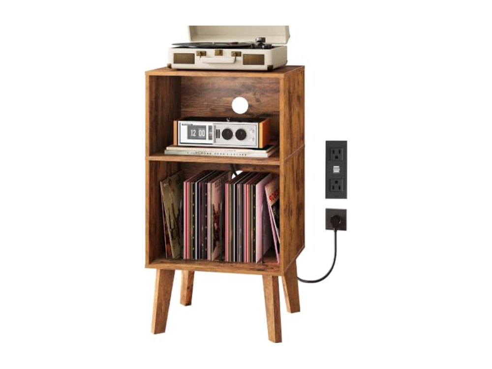 Record Player Stand with Charging Station Mid Century Tall
