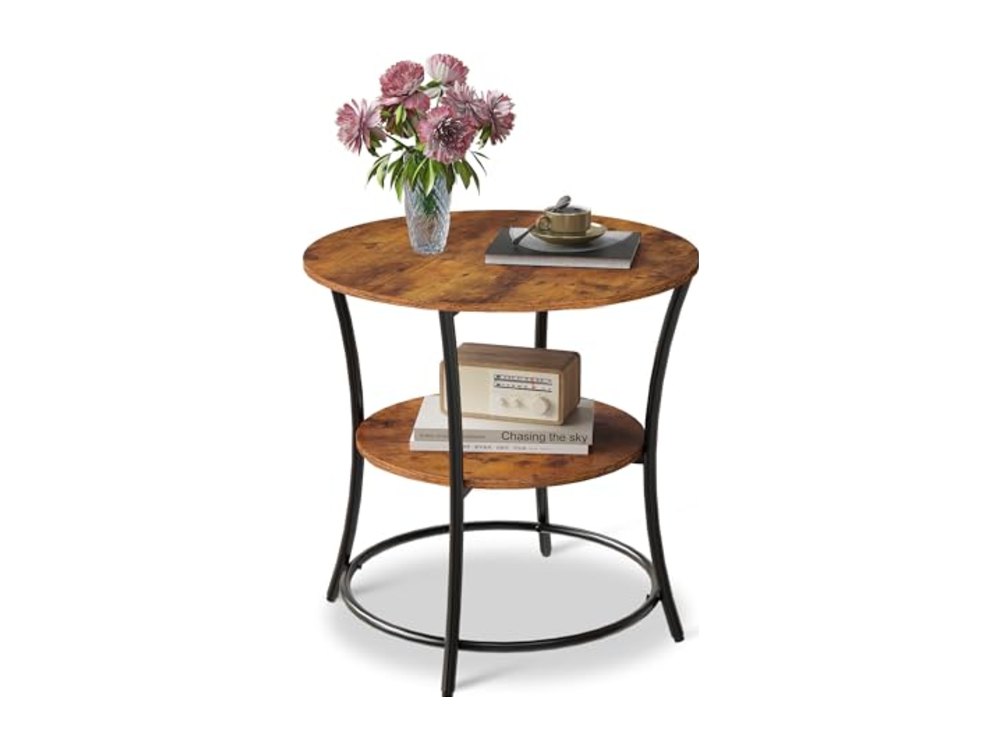 Side Table Round End Table with 2 Storage Shelves for Living