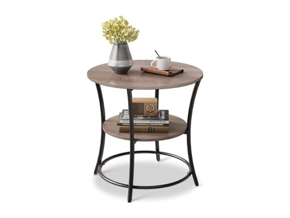 Side Table Round End Table with 2 Storage Shelves for Living