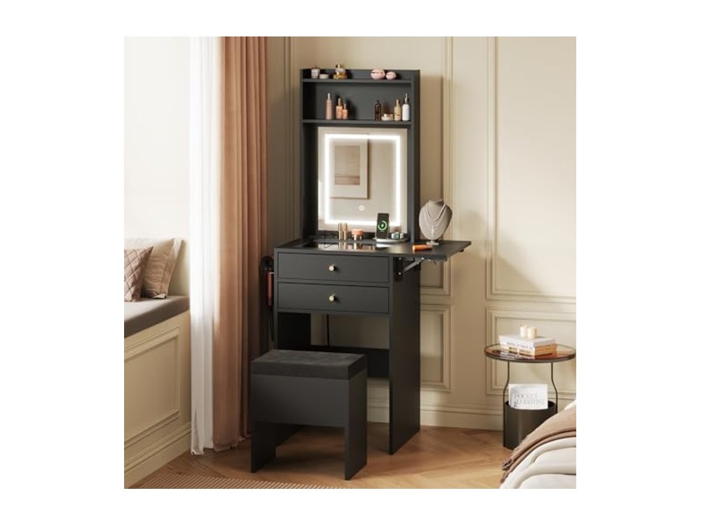 Small Black Vanity Desk with Mirror and Lights