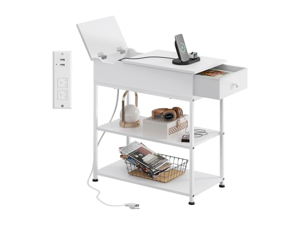WLIVE 3-Tier Narrow Side Table with Charging Station